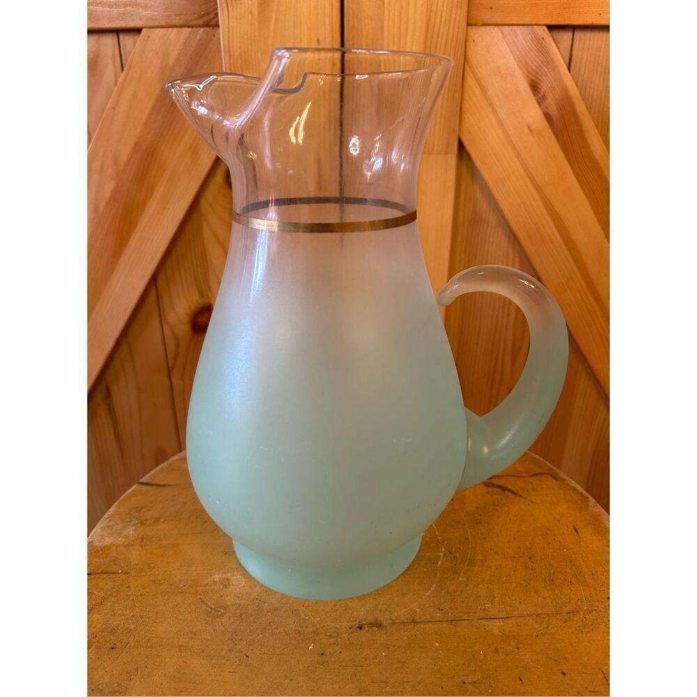 Vtg Blendo Sea Green Frosted Art Glass Pitcher Gold Rim Large MCM Retro Lemonade
